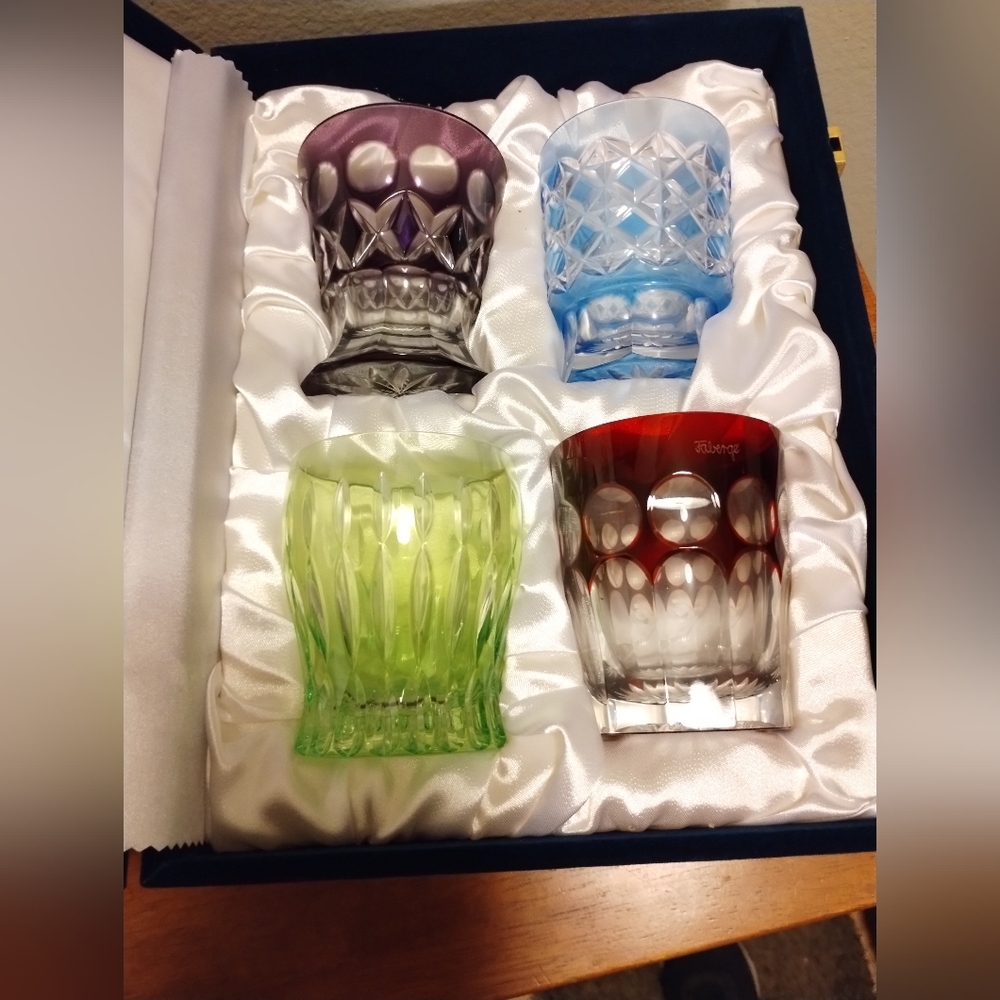 Faberge Cut Crystal Overlay Na Zdorovye Vodka Shot Glasses Colored Set of 4 .